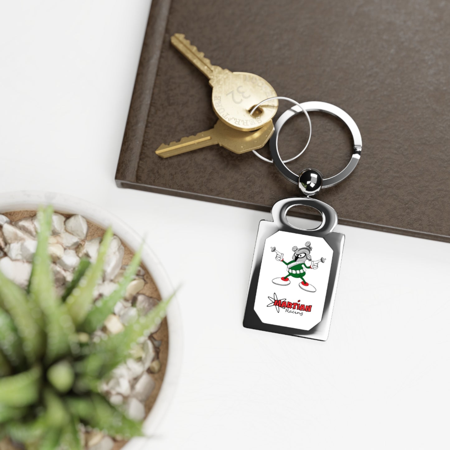 Martian Racing Mascot Photo Rectangle Keyring — Personalized Metal Keychain