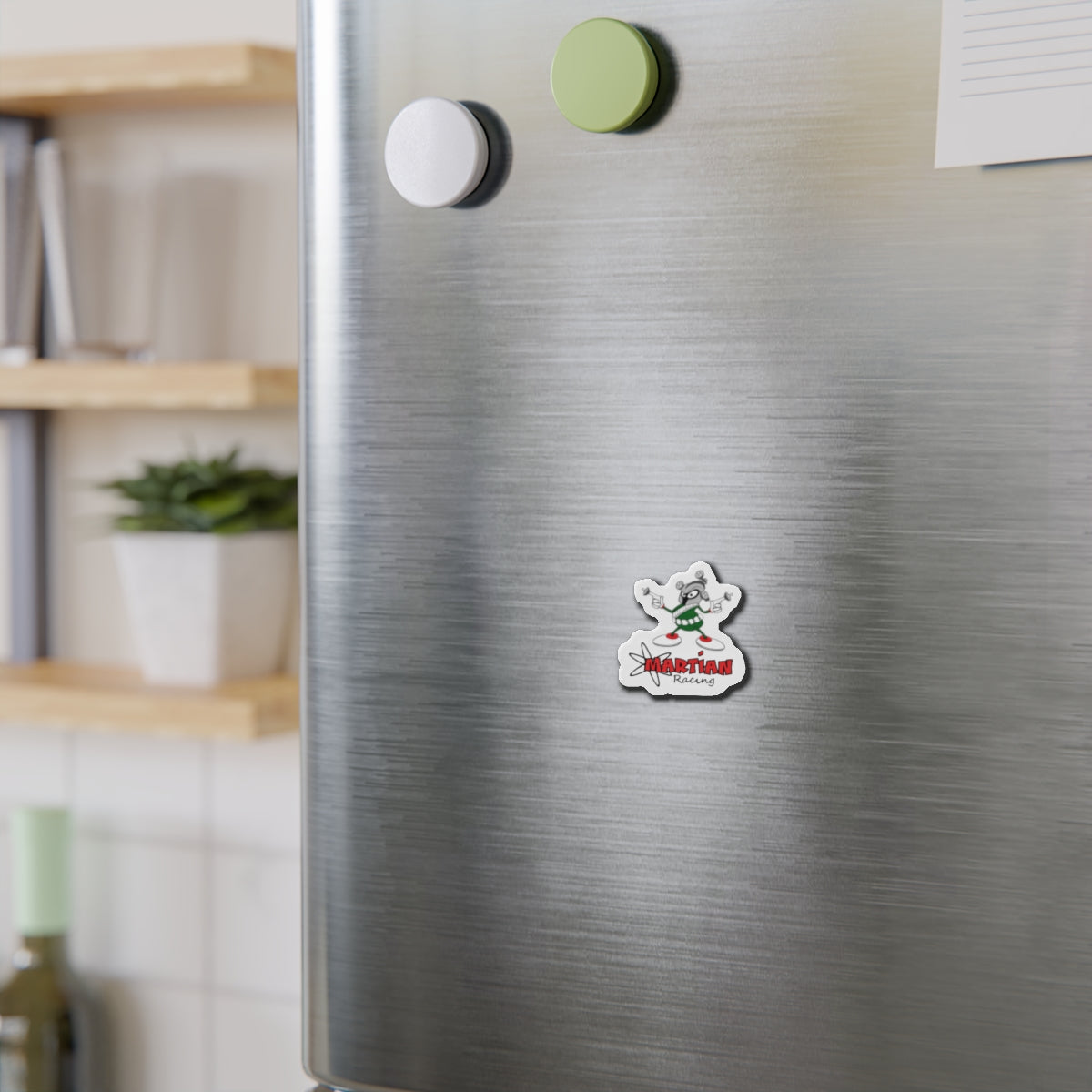 Martian Racing Die-Cut Magnet — Retro Alien Cartoon Car Sticker