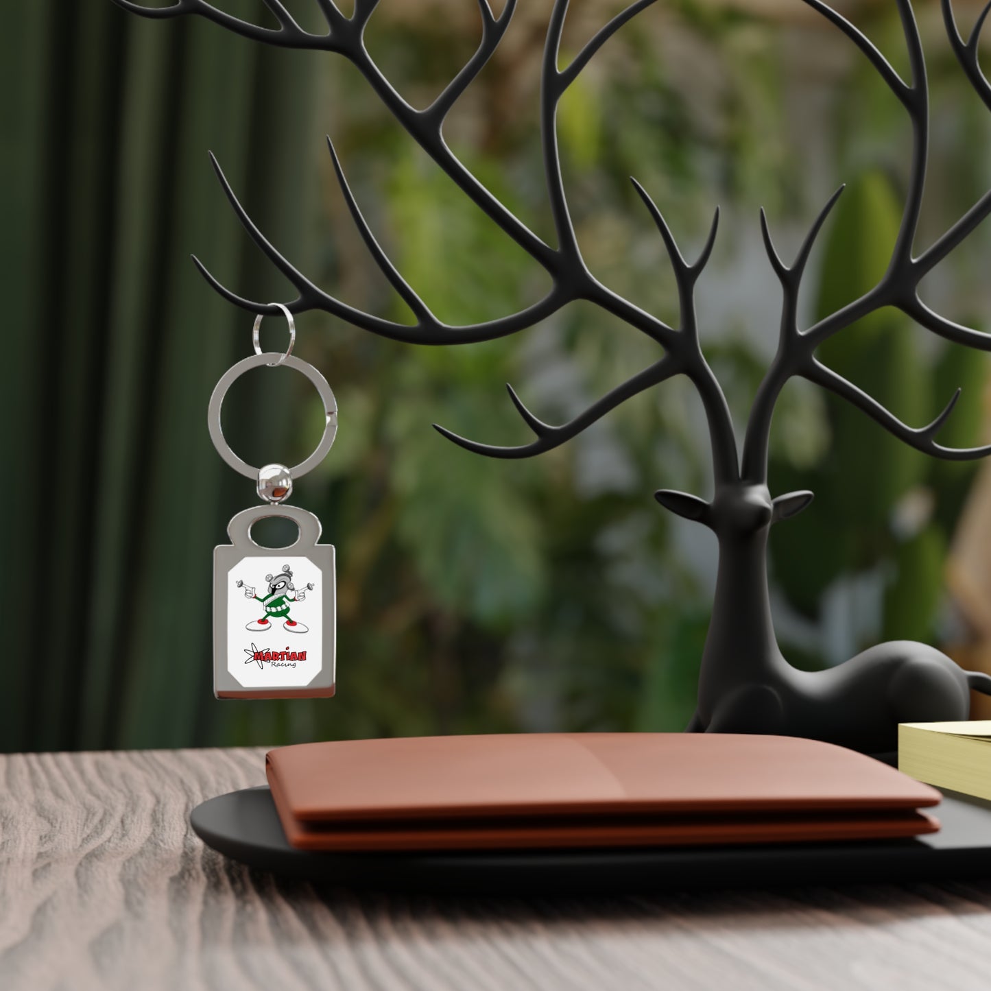 Martian Racing Mascot Photo Rectangle Keyring — Personalized Metal Keychain