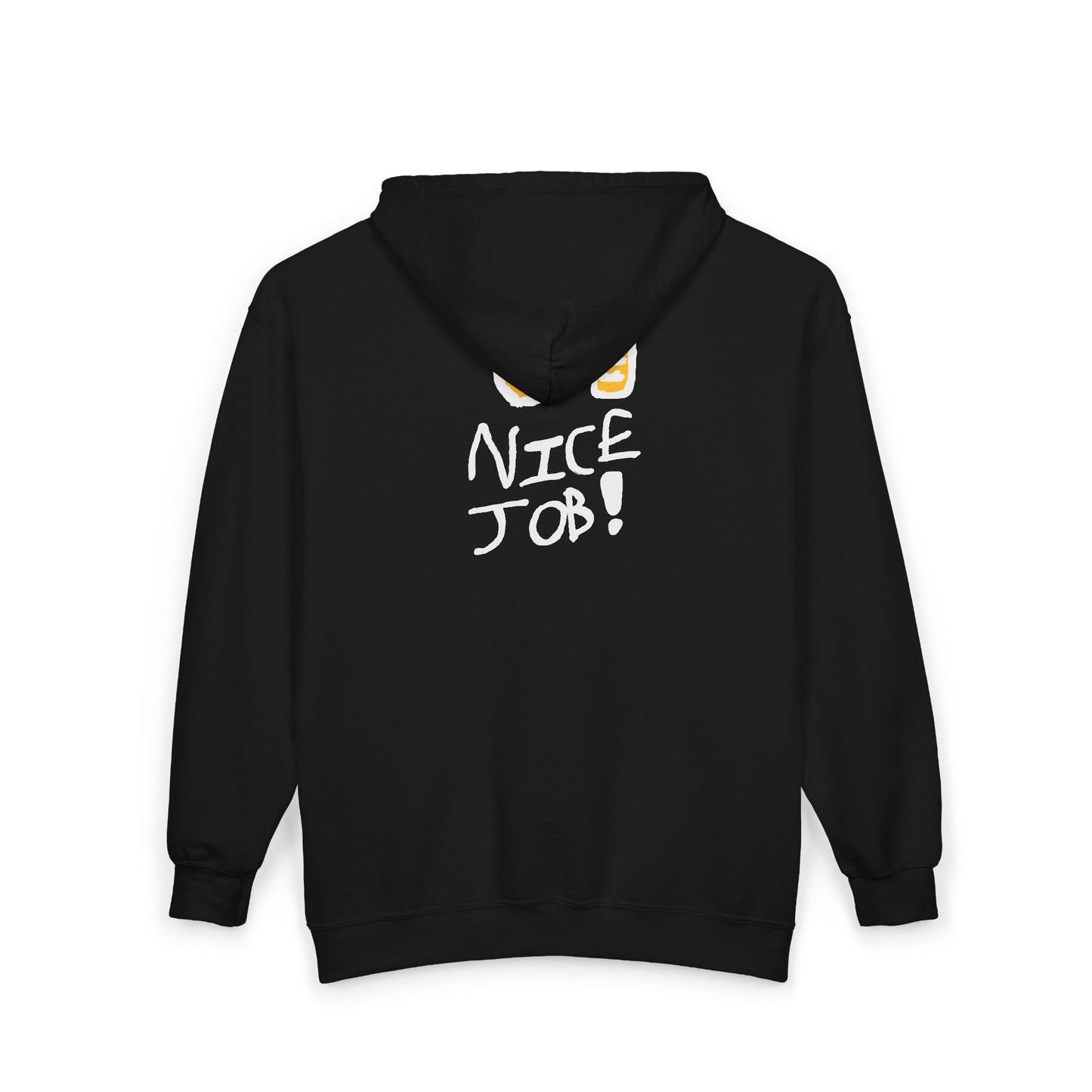 Nice Job! Graphic Zip Hoodie — Casual Black Full‑Zip Sweatshirt with Cheerful Thumbs‑Up Design