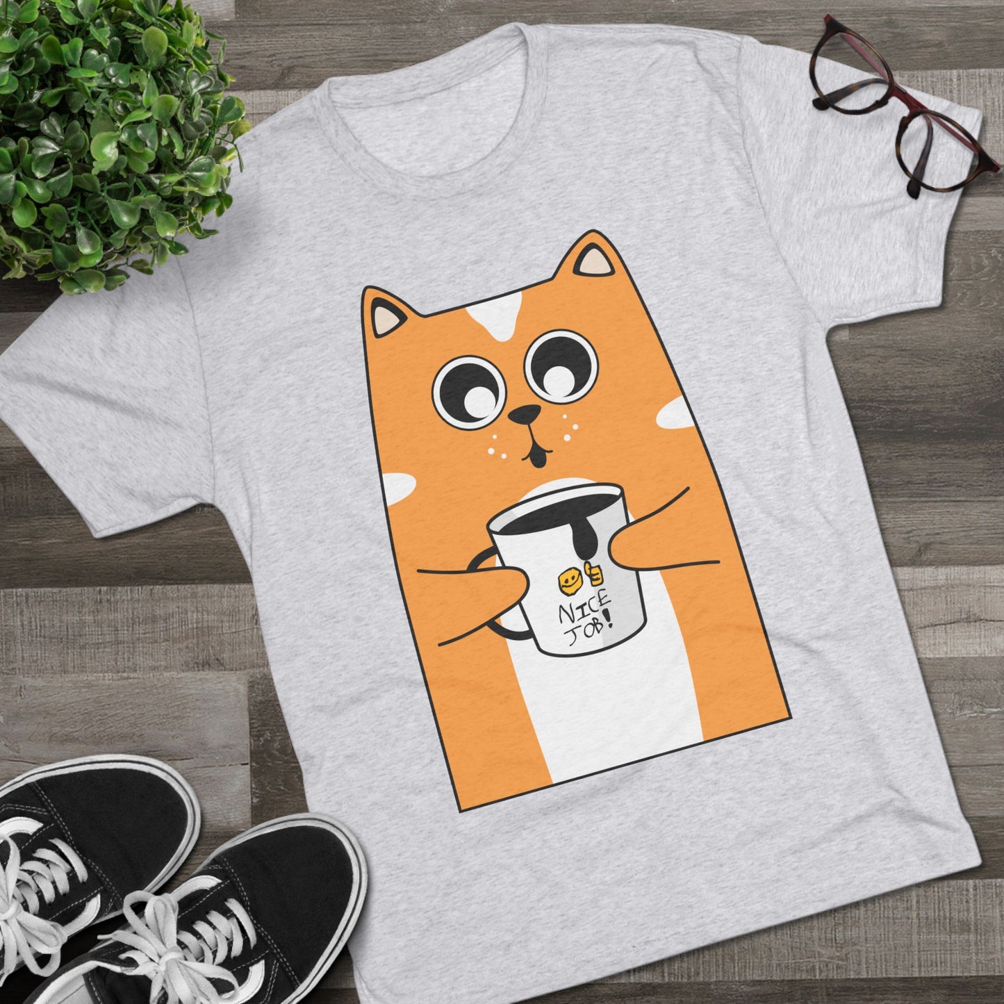 Nate's Cute Cat Coffee Tee with "Nice Job" mug