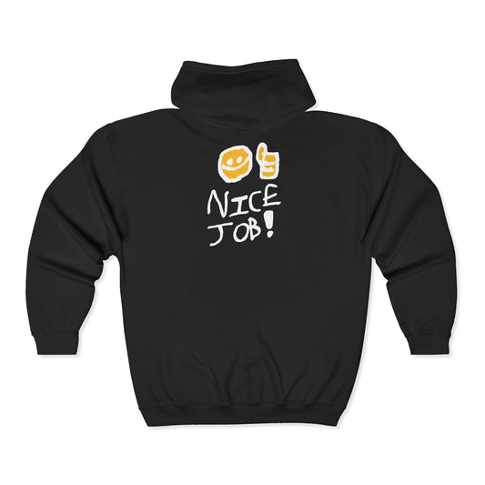 Nice Job! Graphic Zip Hoodie — Casual Black Full‑Zip Sweatshirt with Cheerful Thumbs‑Up Design