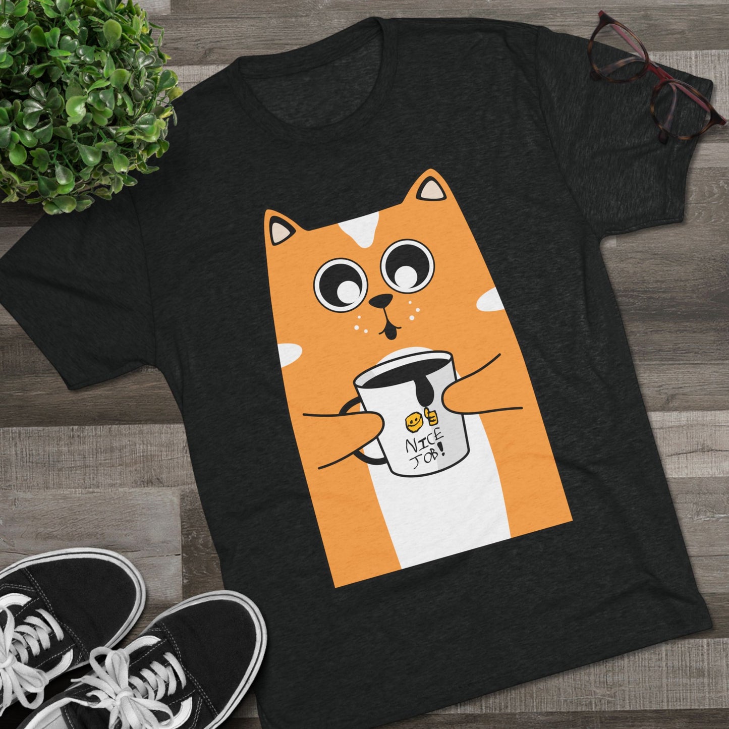 Nate's Cute Cat Coffee Tee with "Nice Job" mug