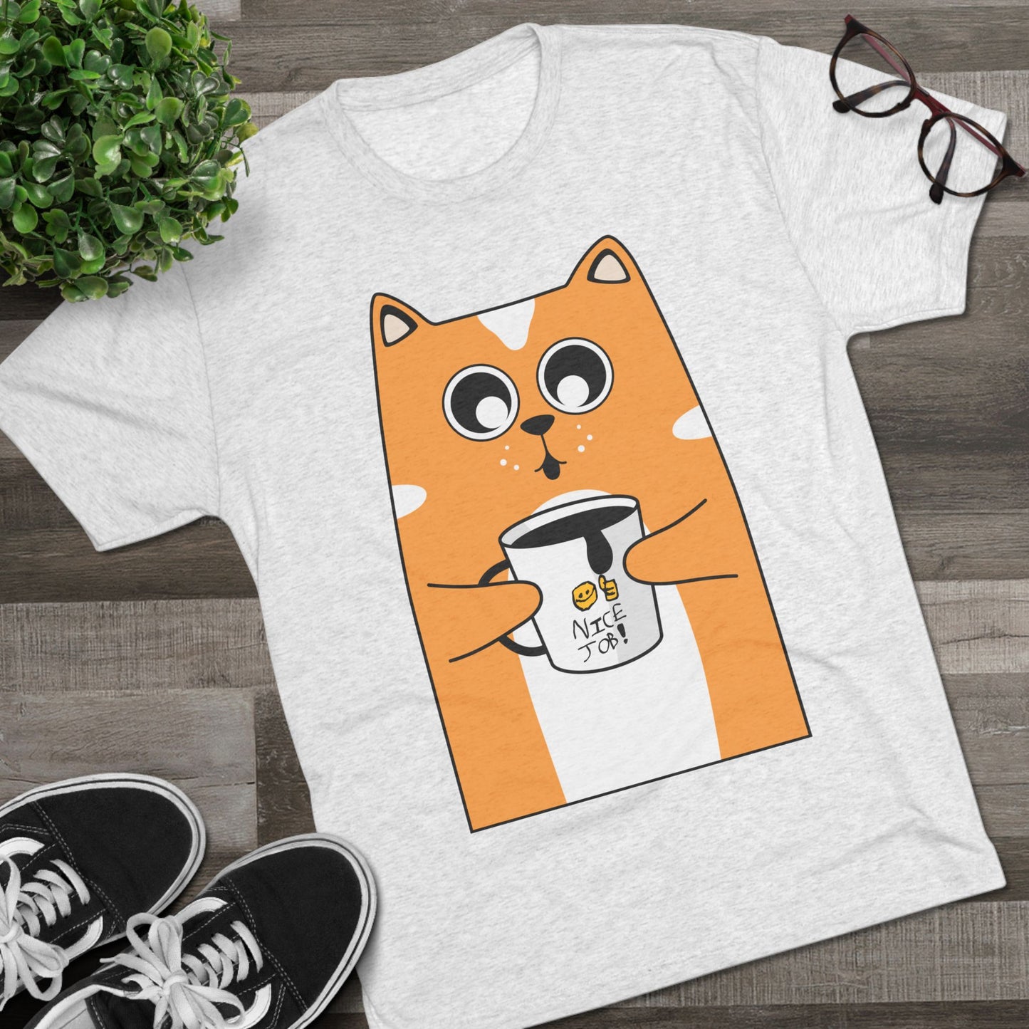 Nate's Cute Cat Coffee Tee with "Nice Job" mug